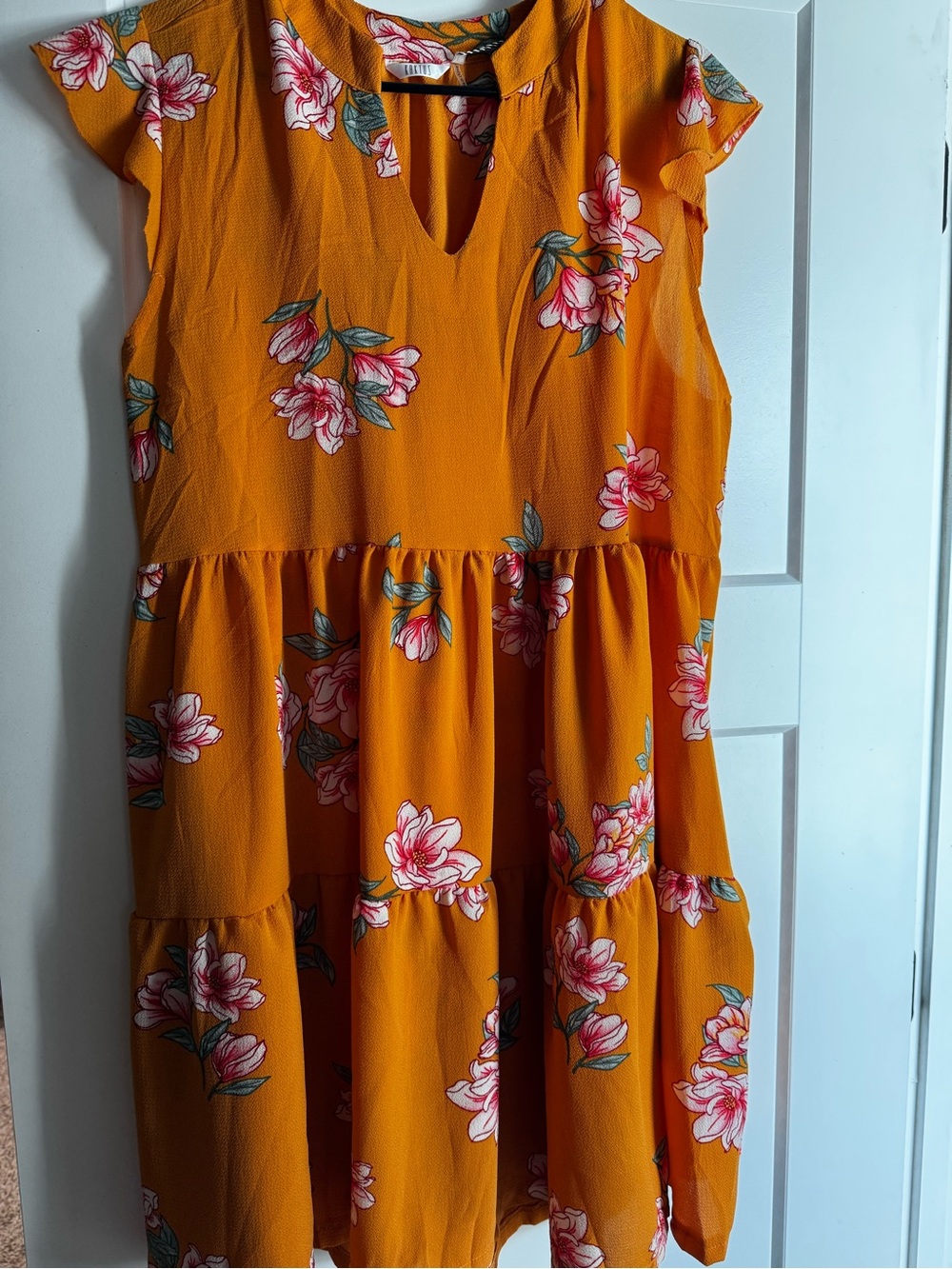 Kaktus Floral Tiered Dress in Mustard Yellow with Pink Blooms
